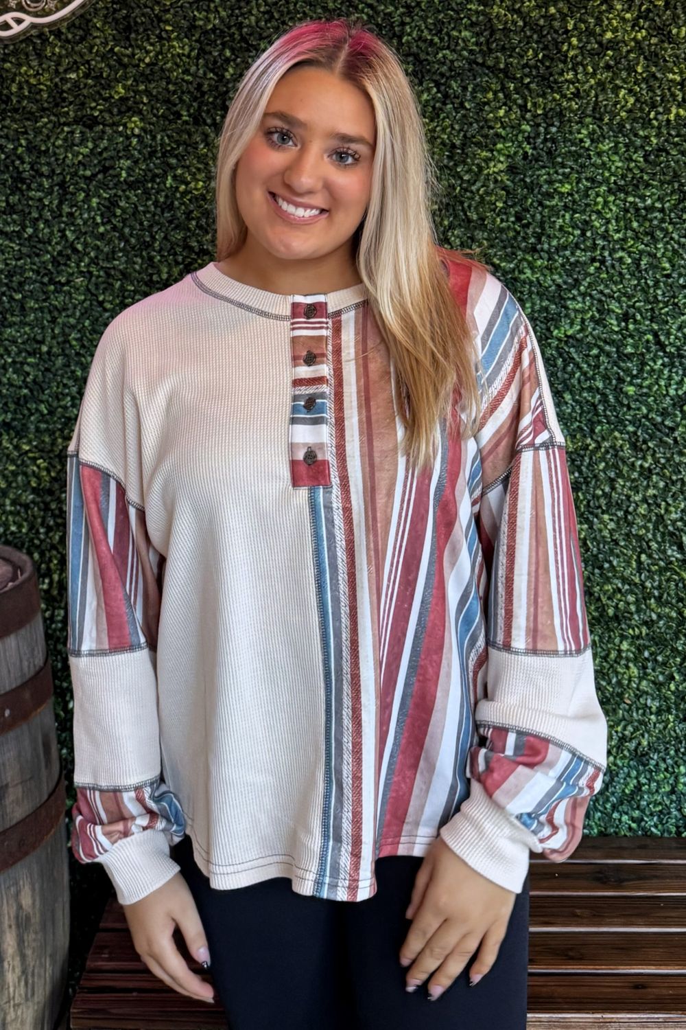 Fall 2025 Striped Waffle Patchwork Exposed Seam Raw Edge Top, Size: Small