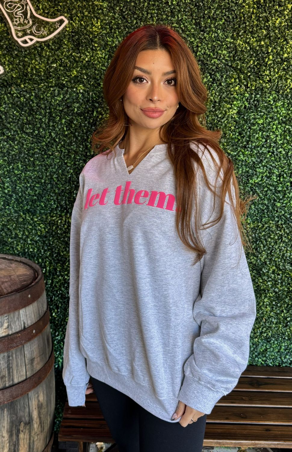 Let Them Ash Gray Split Neck Graphic Crewneck, Size: Small