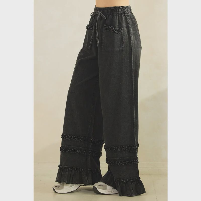 Ruffle Trim Pocket Mineral Wash Wide Leg Pants