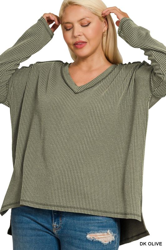 Plus Raised Rib Long Sleeve Hi-low V Neck Top
