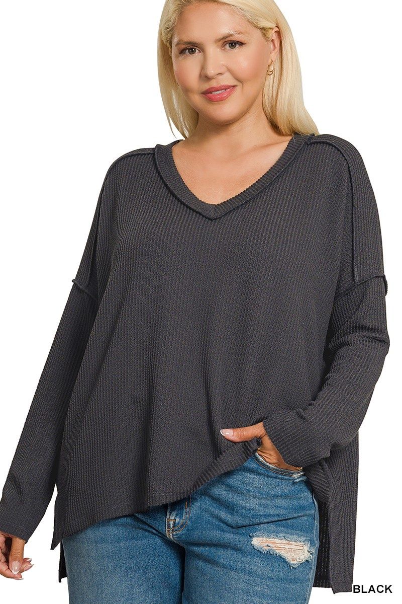 Plus Raised Rib Long Sleeve Hi-low V Neck Top, Color: BLACK, Size: 1X/2X