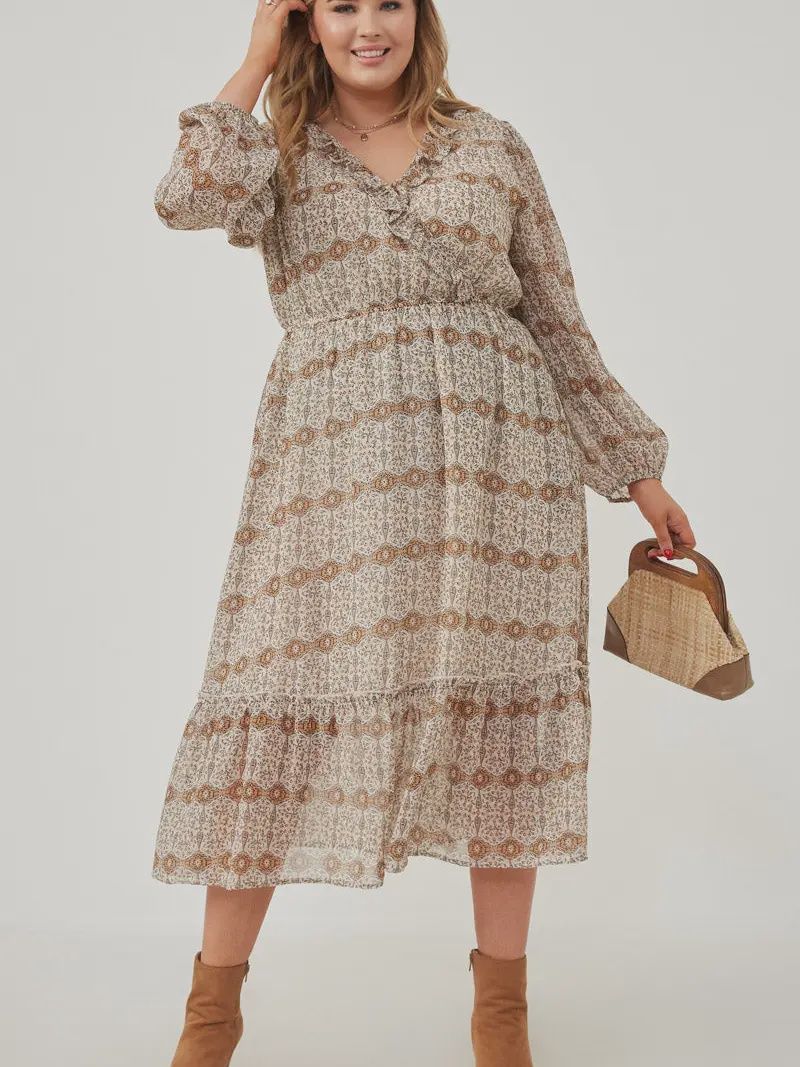 Womens Printed Long Sleeve Ruffled Surplice Dress, Size: 1X-Large