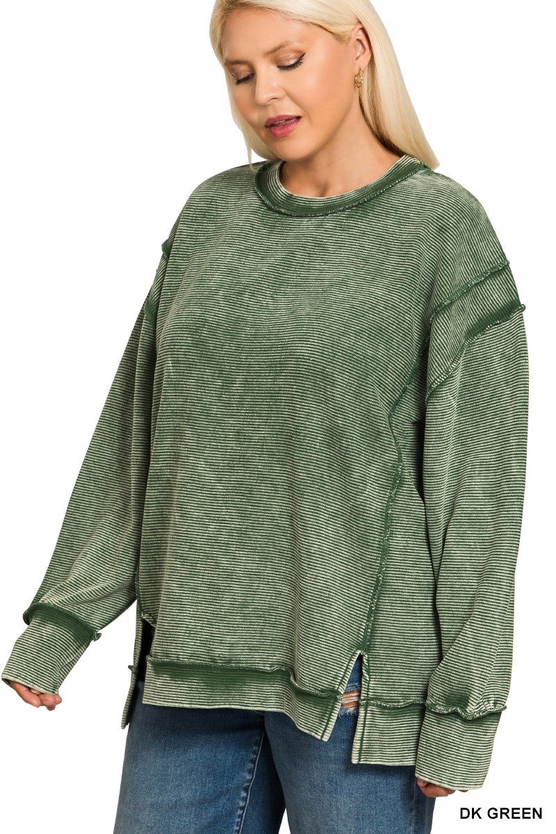 Plus Acid Washed Double Ribbed Expsd-seam Pullover, Color: DK Olive, Size: 1X-Large