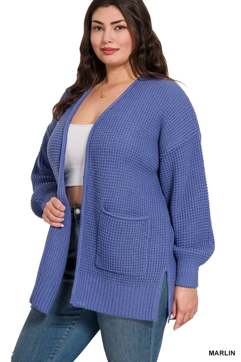 Plus Low Gauge Waffle Open Cardigan Sweater, Color: Marlin, Size: 1X-Large