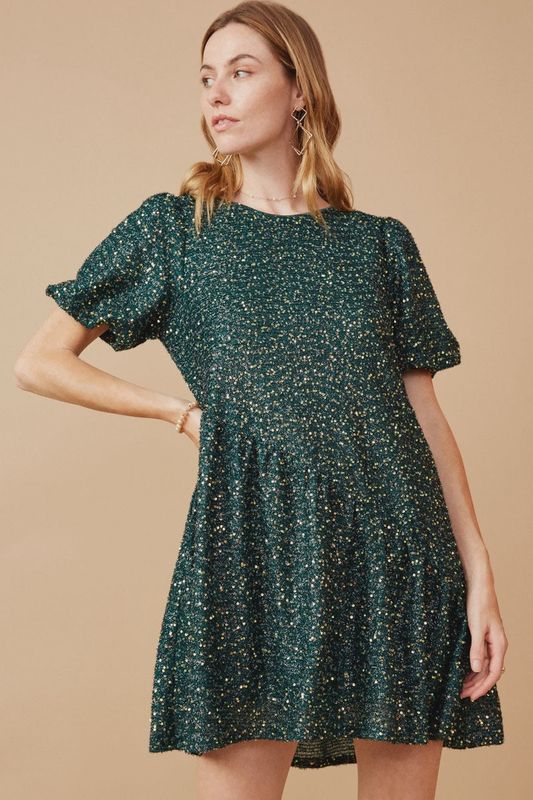 Womens Sequined Asymmetric Hem Puff Sleeve Dress