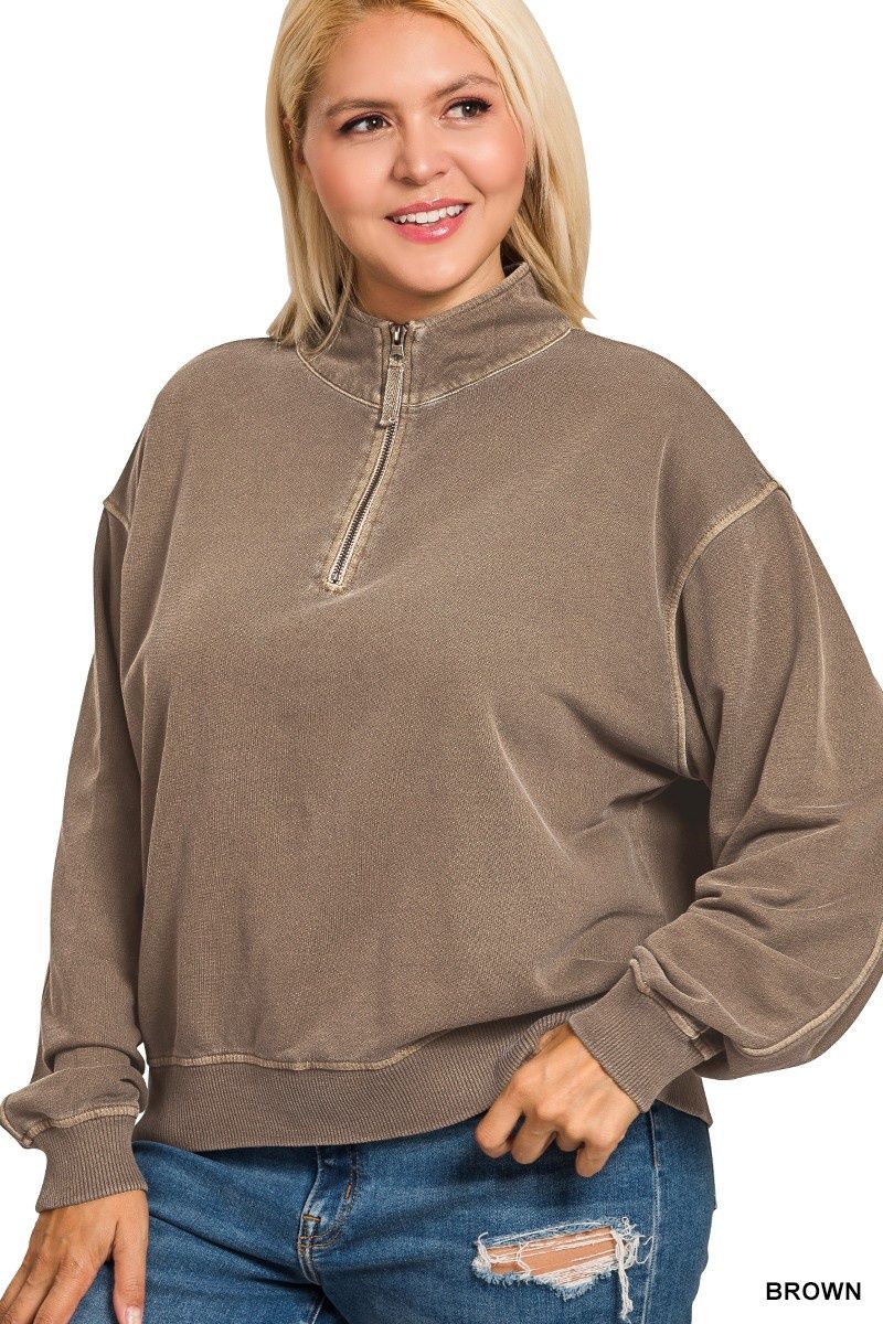 Plus F/terry Pigment Dye &amp; Enzyme Washed Pullover, Color: Brown, Size: 1X-Large