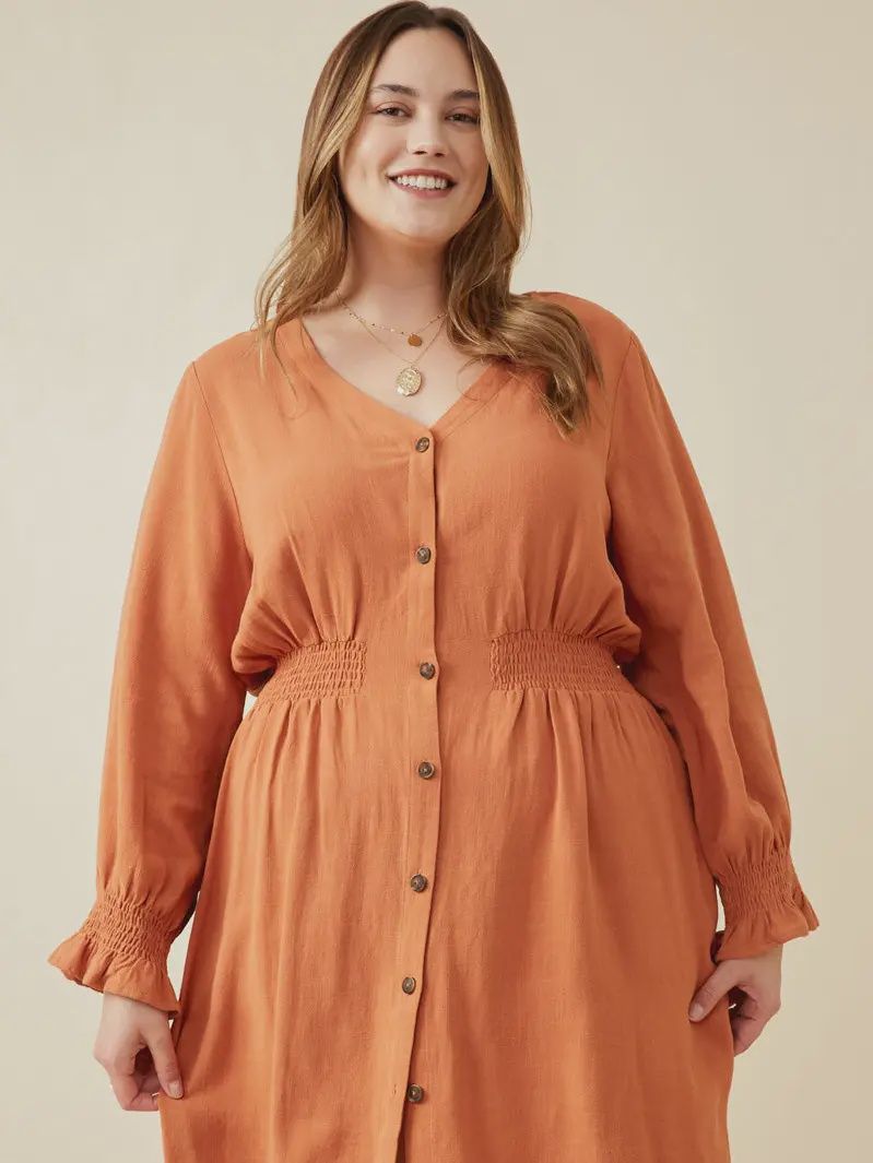 Womens Smock Detail Button Down V Neck Dress, Size: 1X-Large