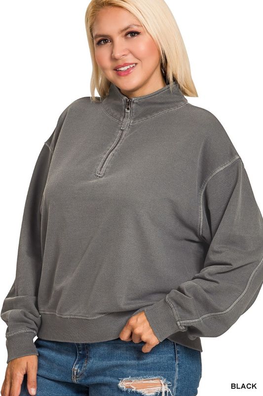Plus F/terry Pigment Dye &amp; Enzyme Washed Pullover with 1/4 Zip