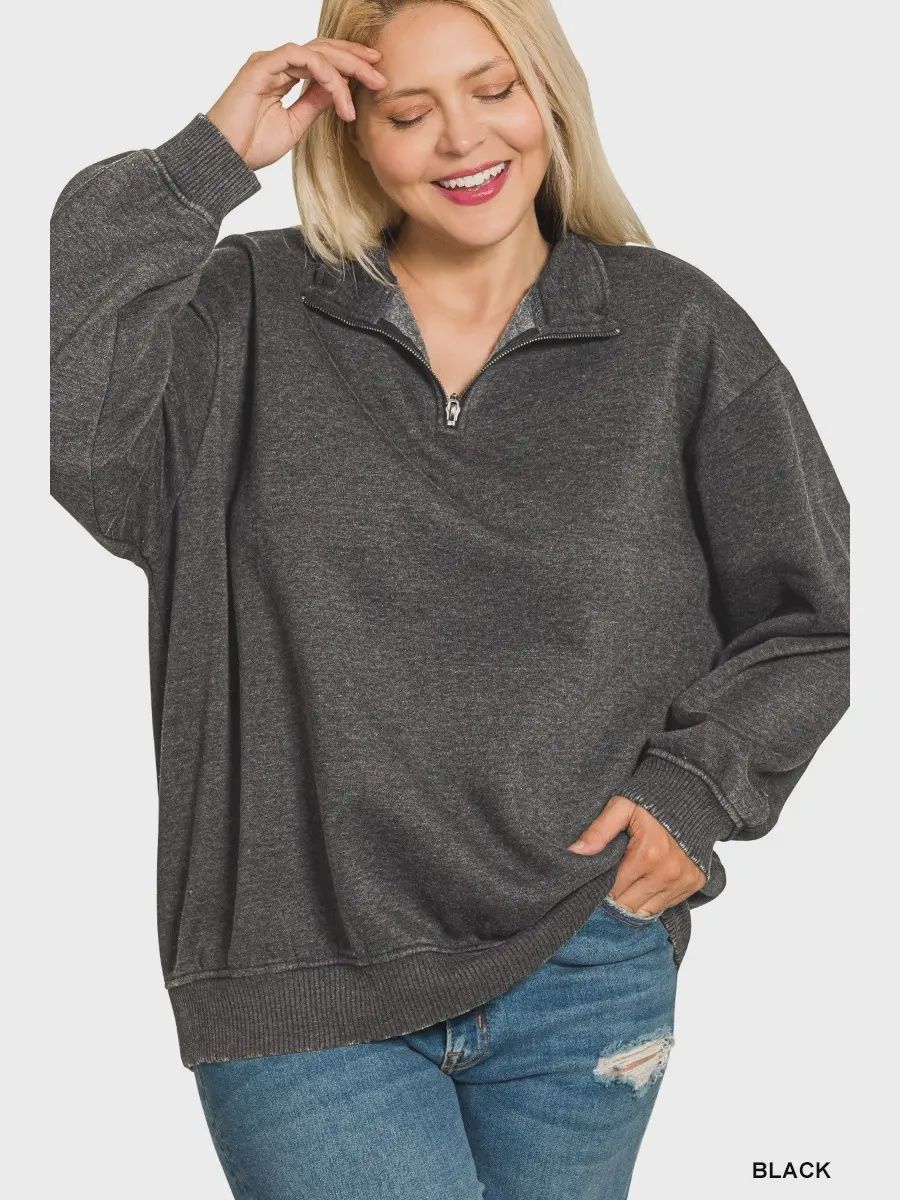 Plus Acid Wash Fleece Half Zip Pullover, Size: 1X-Large