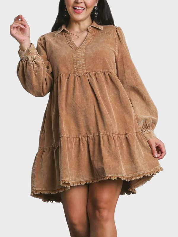 Plus Mineral Wash Corduroy Tiered Dress