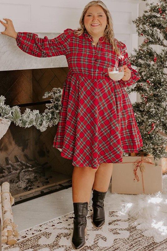Plus Size Red Plaid Long Sleeve Christmas Dress
