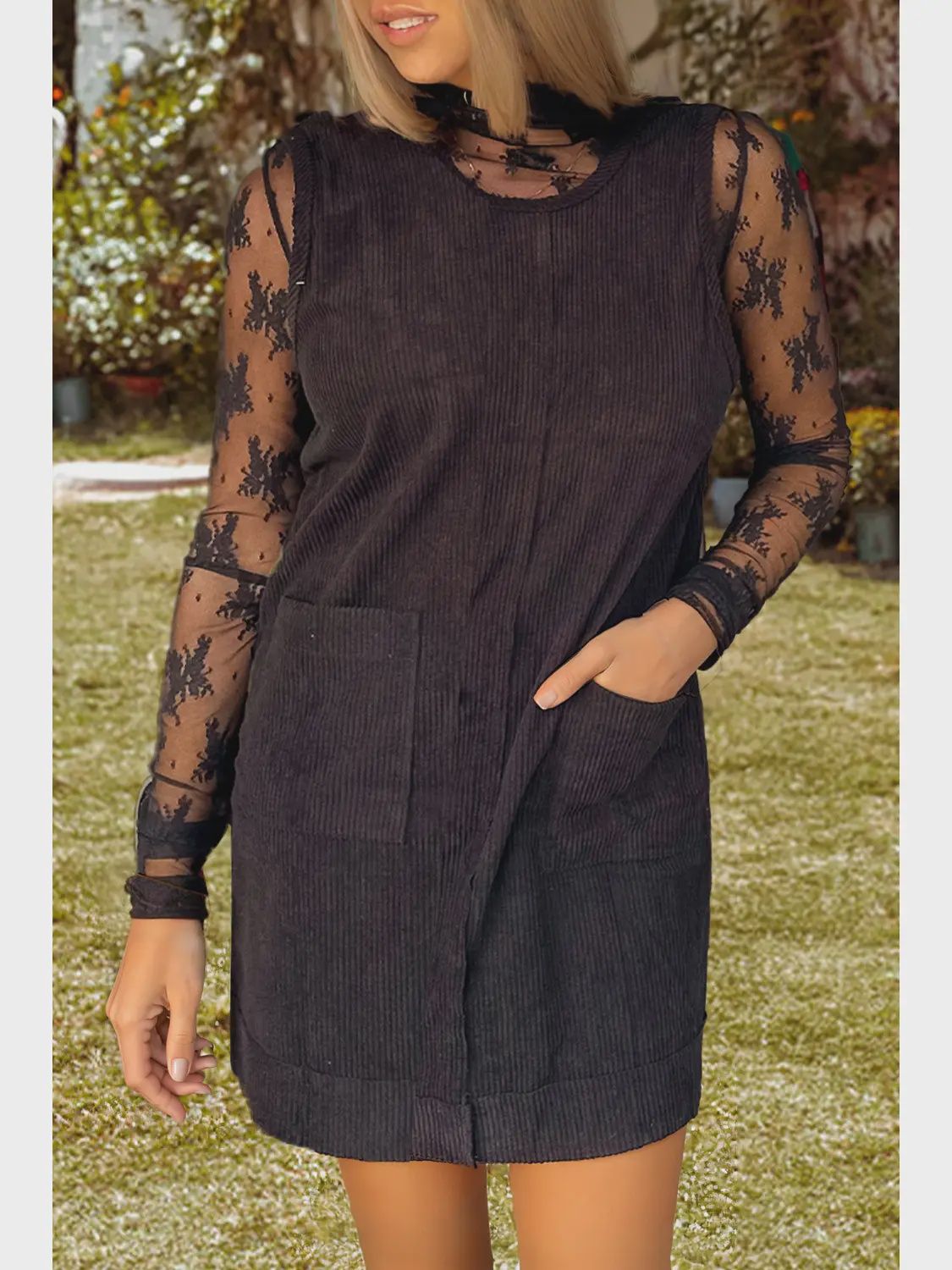 Corduroy Sleeveless Mini Fall Dress with Patched Pockets, Size: Small