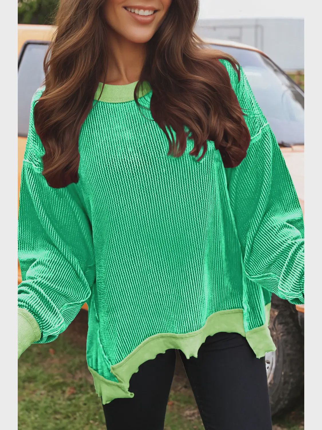 Fashion Twisted Rib Uneven Hem Drop Shoulder Loose Knit Top, Size: Small