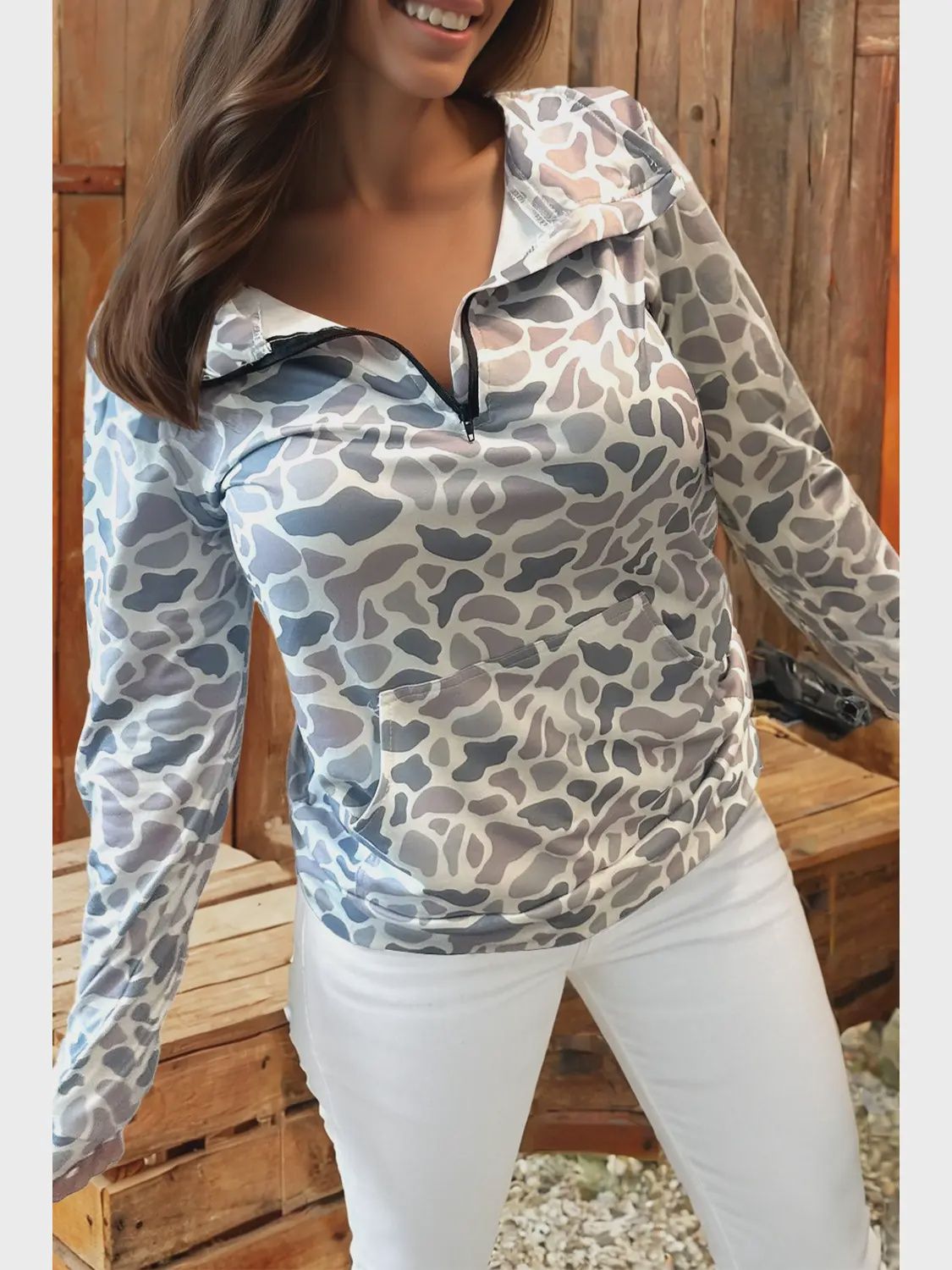 Camouflage Kangaroo Pocket Collar Pullover Sweatshirt, Size: Small