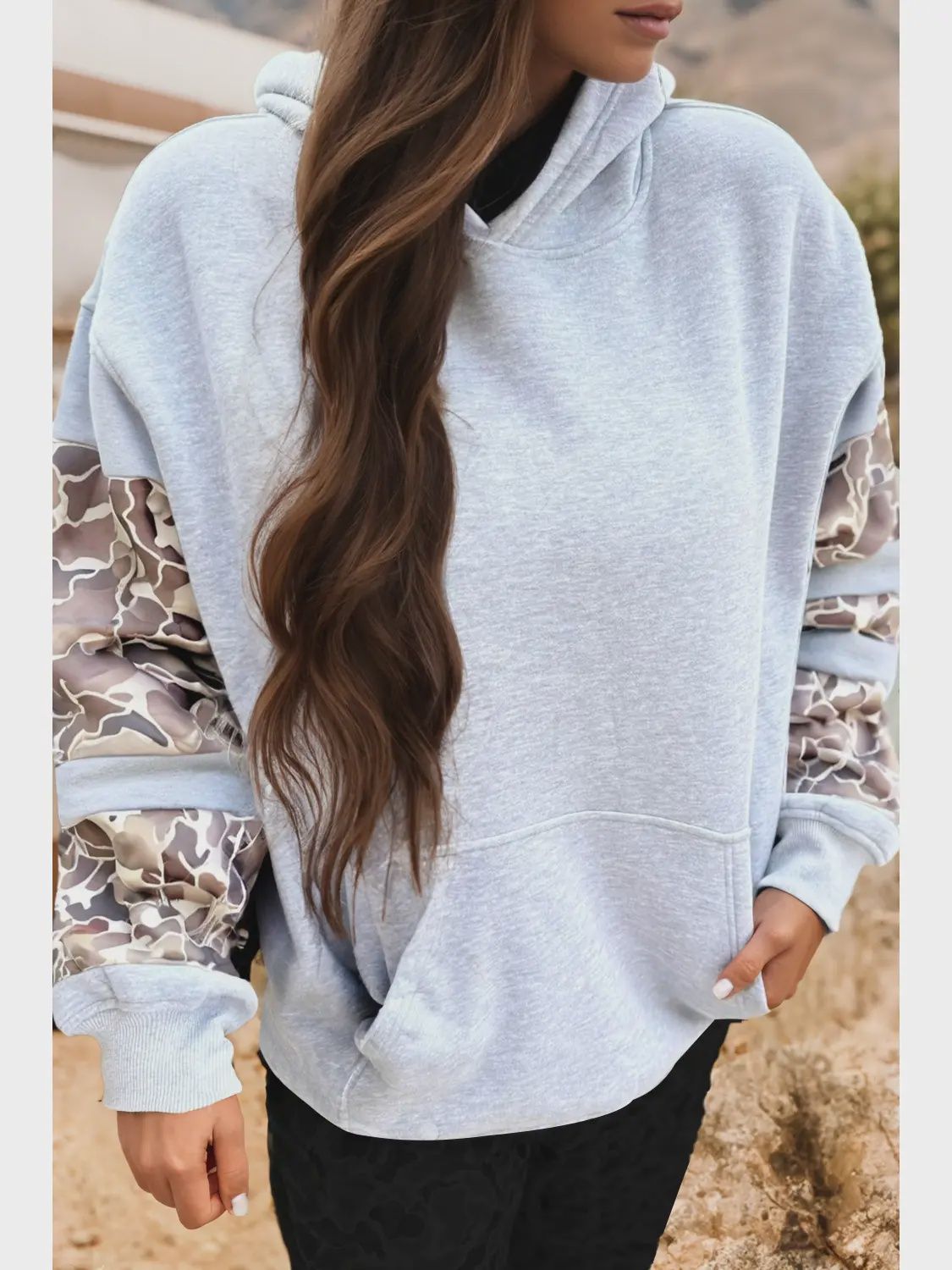 Camouflage Patchwork Asymmetric Sleeve Plus Size Hoodie, Size: 1X-Large