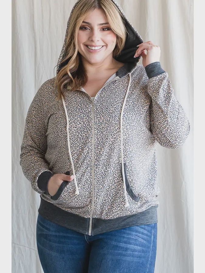 Animal Print Zip Up Drawstring Hoodie, Size: 1X-Large