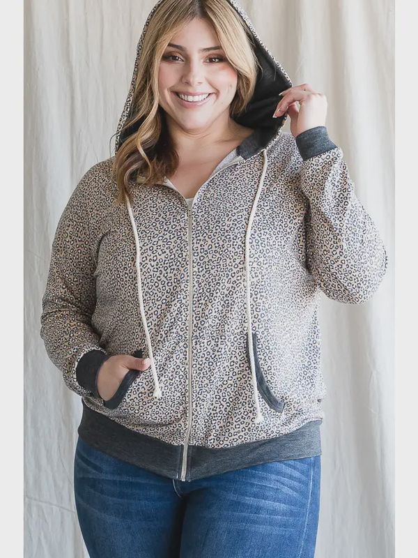 Animal Print Zip Up Drawstring Hoodie