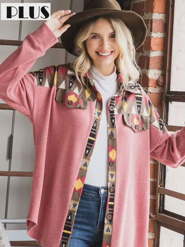 Aztec Print Tunic with Button Detail, Size: 1X-Large