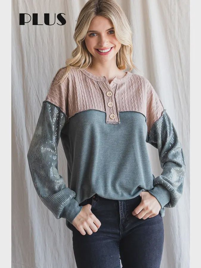 Color Block Waffle Knit Button Front, Size: 1X-Large