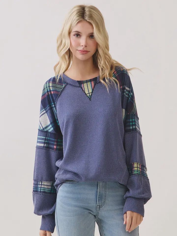 Mixed Media Plaid Patchwork Pullover Top, Size: 1X-Large