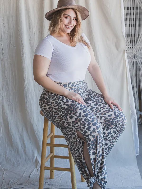 Leopard Print Side Slit Ankle Tie Pants, Size: 1X-Large