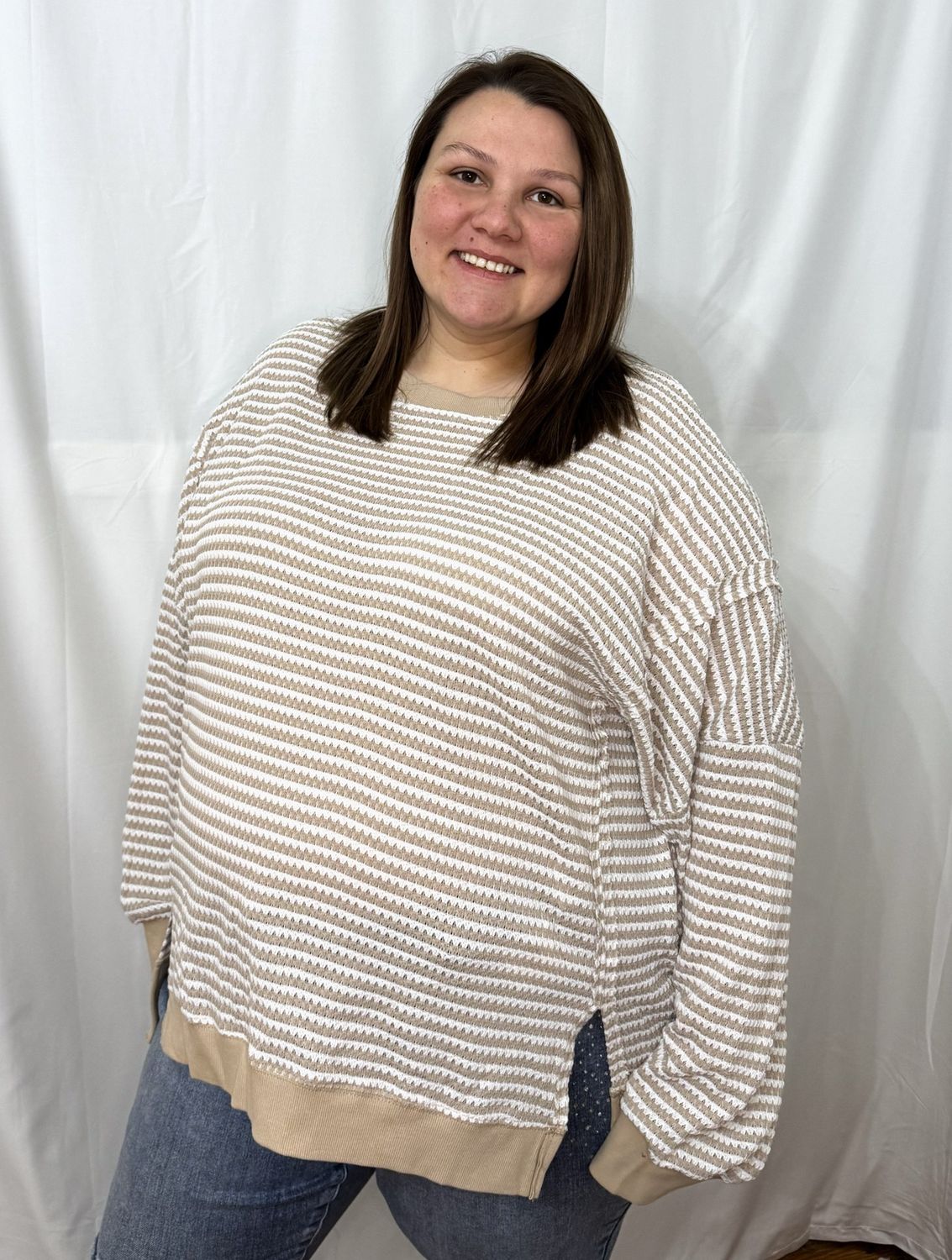 Plus Size Breathable Knit Ribbed Trim Long Sleeve Top, Size: 1X-Large
