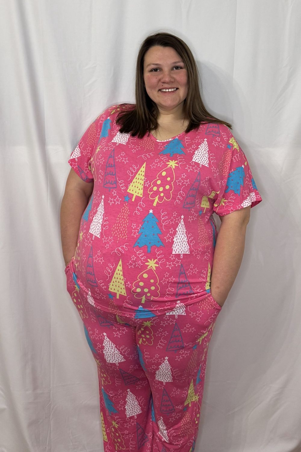 Ldc Christmas Tree Print V Neck Tee and Pants Set, Size: Small