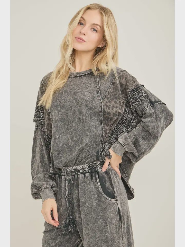 Mineral Washed Cheetah Leopard Fringe Tassel Top, Size: Small