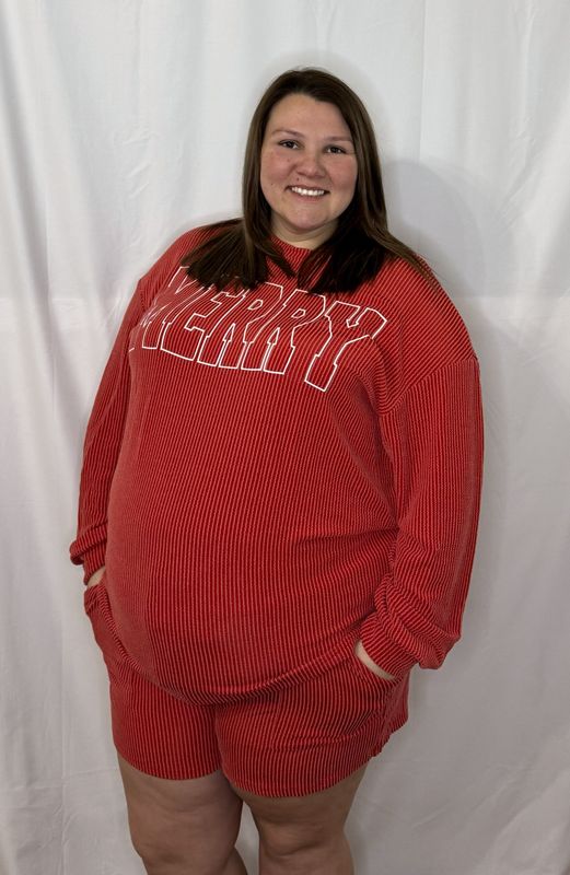 Racing Red Corded Merry Graphic Long Sleeve Top and Shorts Set