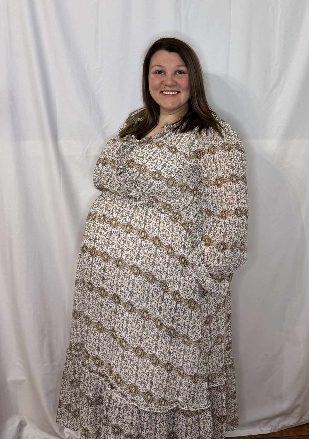 Womens Printed Long Sleeve Ruffled Surplice Dress, Size: 1X-Large