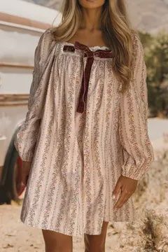 Velvet Bow Front Floral Print Long Sleeve Short Fall Dress