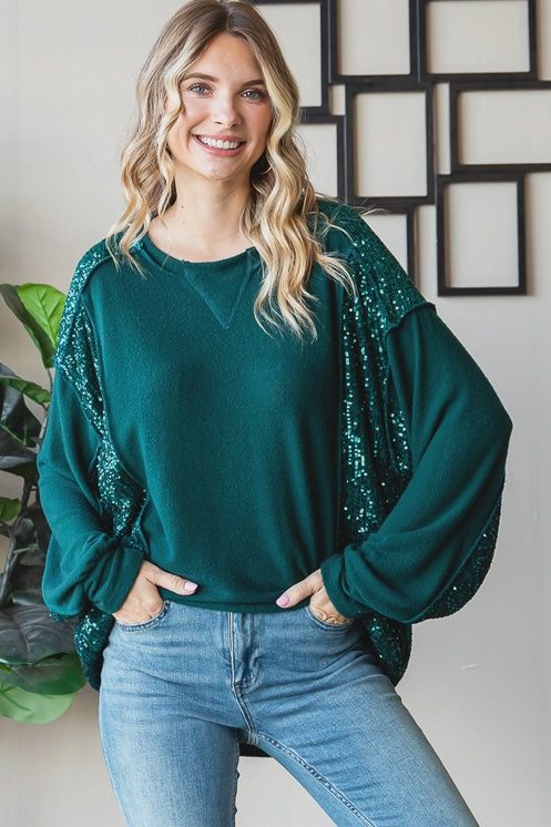 Soft Brushed Sequin V Stitch Pullover Top