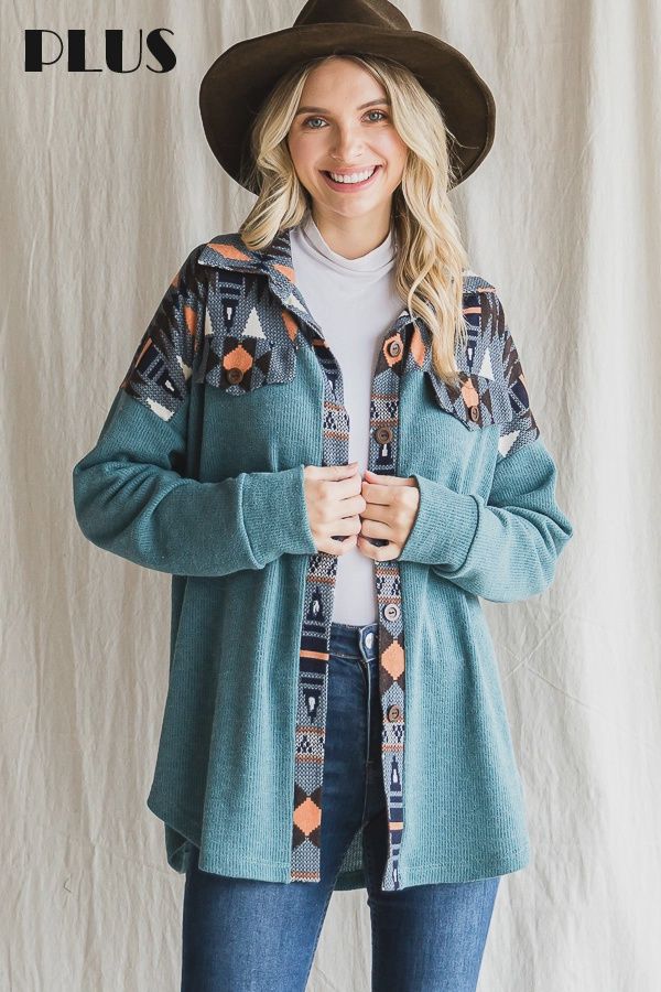 Aztec Print Tunic with Button Detail, Size: 1X-Large