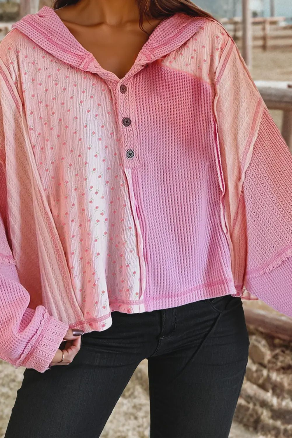 Texture Waffle Floral Patched Hooded Oversize Pullover, Size: Small