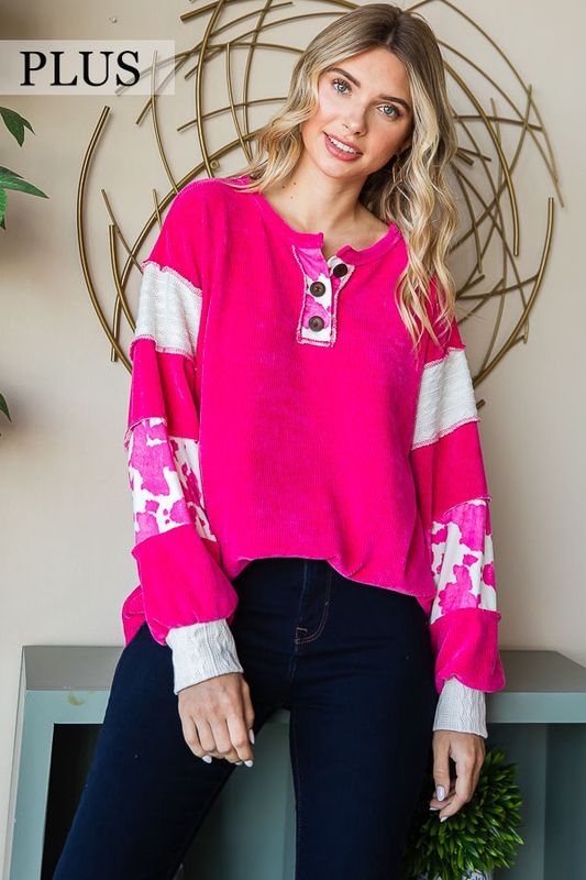 Animal Print Accent Button Front Pullover