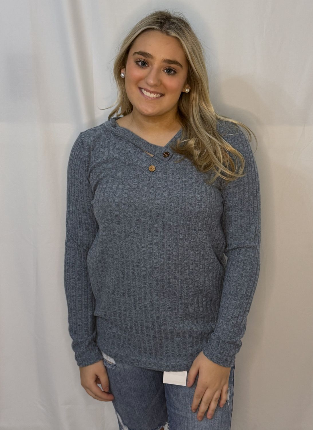 Button Detail V-neck Ribbed Long Sleeve Top, Size: Small