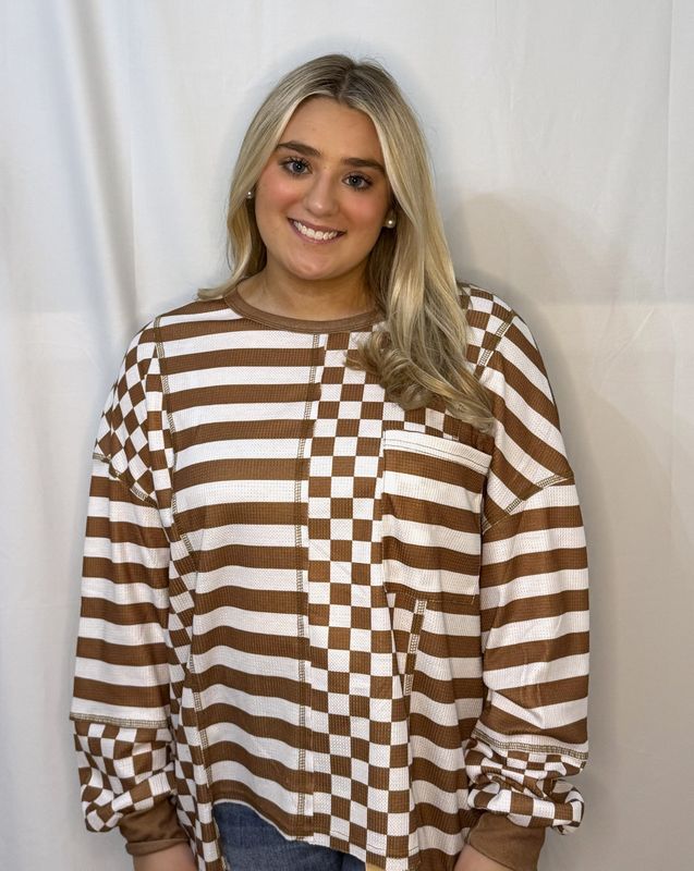 Ldc Checkerboard Striped Patchwork Lantern Sleeve Blouse