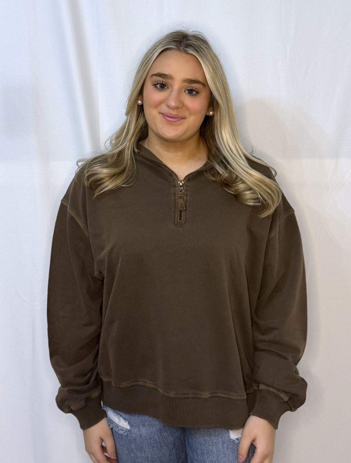 Plus F/terry Pigment Dye &amp; Enzyme Washed Pullover with 1/4 Zip, Color: Brown, Size: 1X-Large