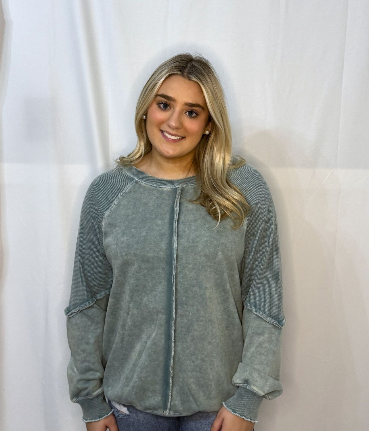 Ldc Waffle Knit Patchwork Exposed Seam Raglan Sweatshirt, Size: Small