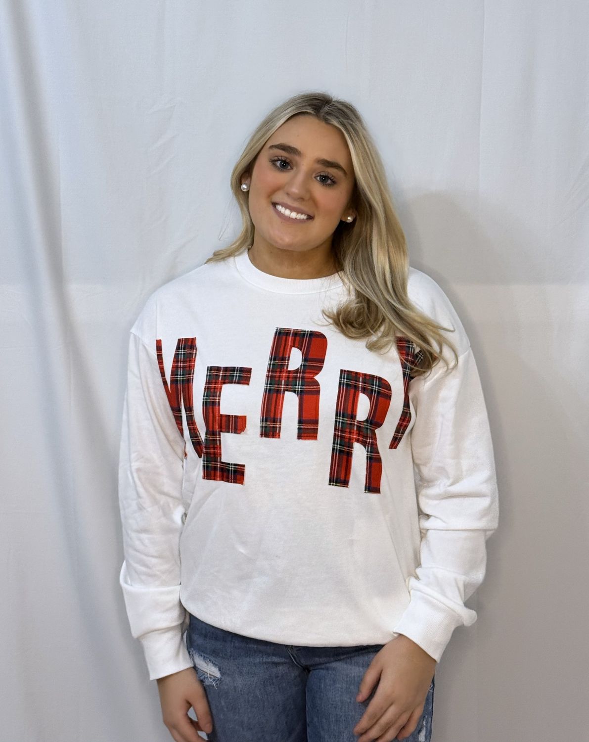 Plaid Merry Christmas Graphic Sweatshirt, Size: Small