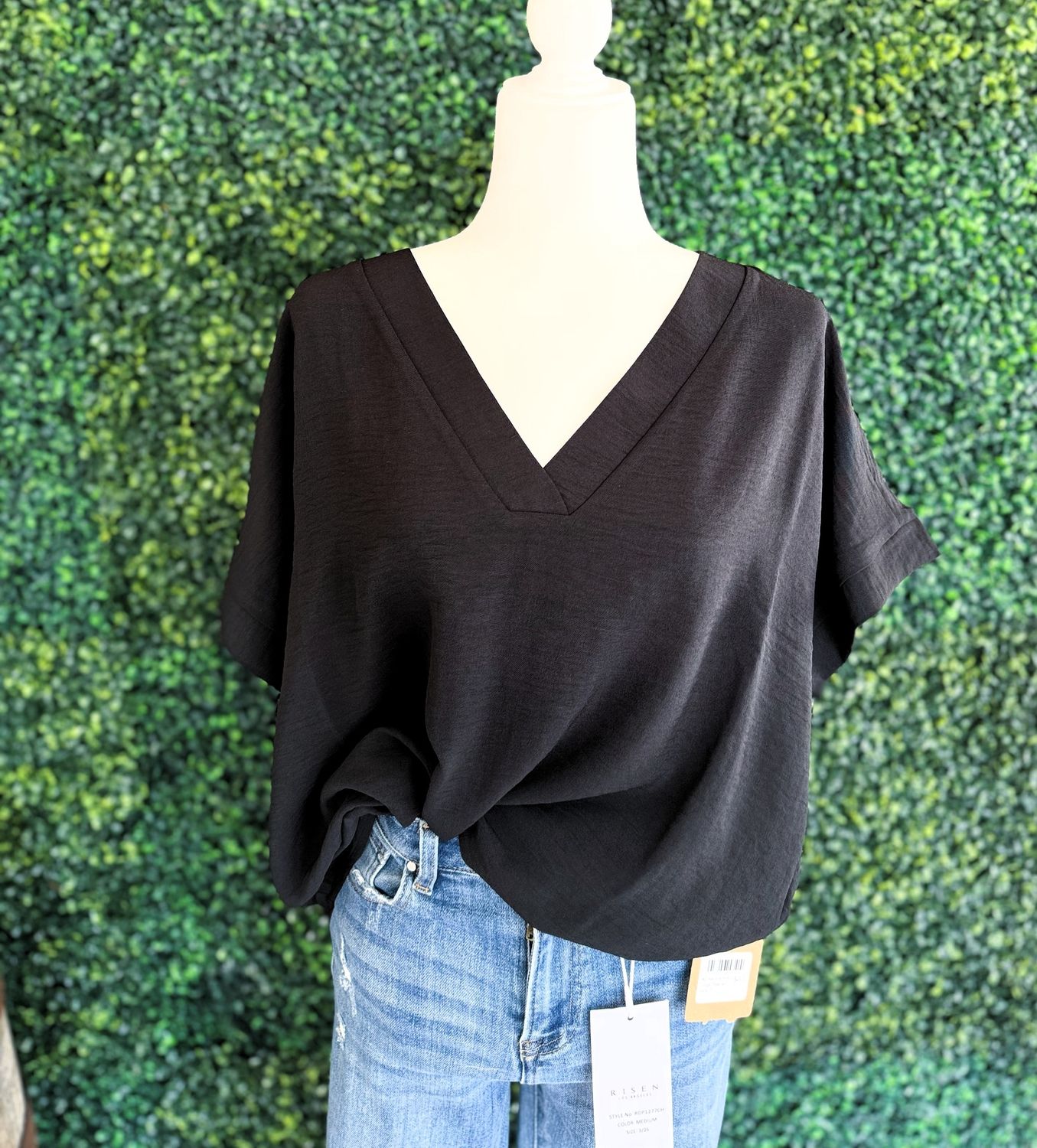 Plus Woven Airflow V Neck Hi-Low Hem Top, Size: 1X