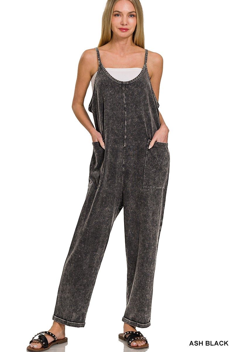 Washed Spaghetti Straps Overall With Pockets, Color: Ash Black, Size: S/M