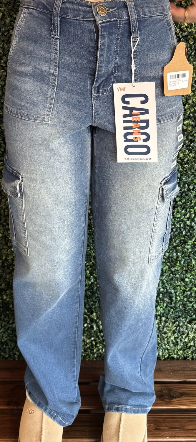 High Rise Elastic Waist Cargo Straight Leg Jeans, Size: Small