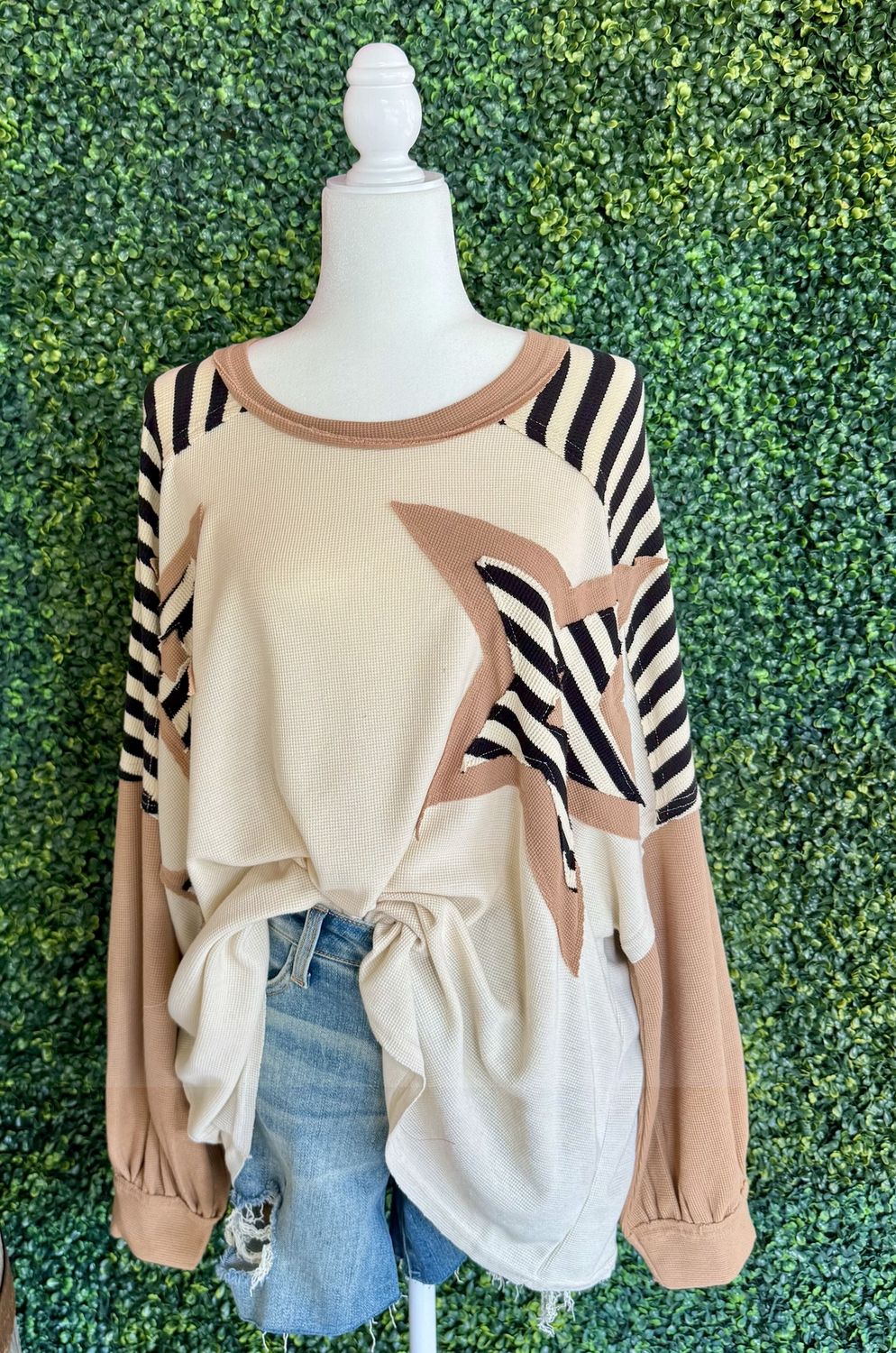 Star Patchwork Mixed Long Sleeve Top, Size: 1X