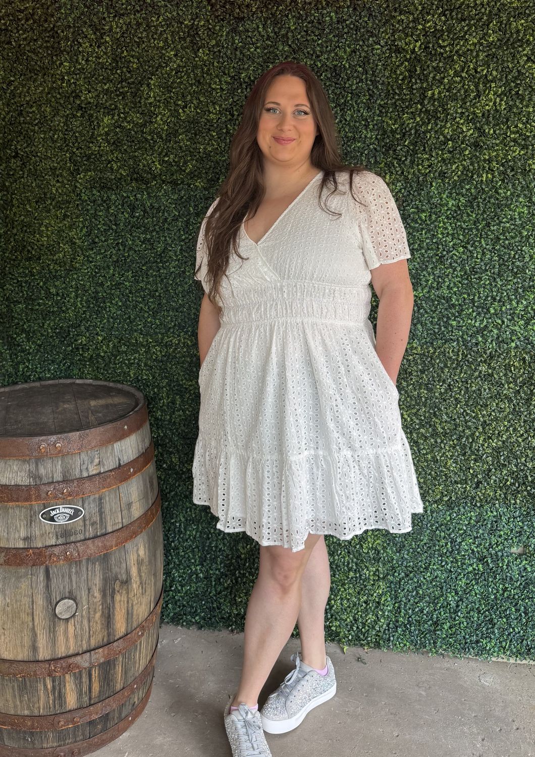 Plus Eyelet Elastic Waist Tiered Dress, Size: Small