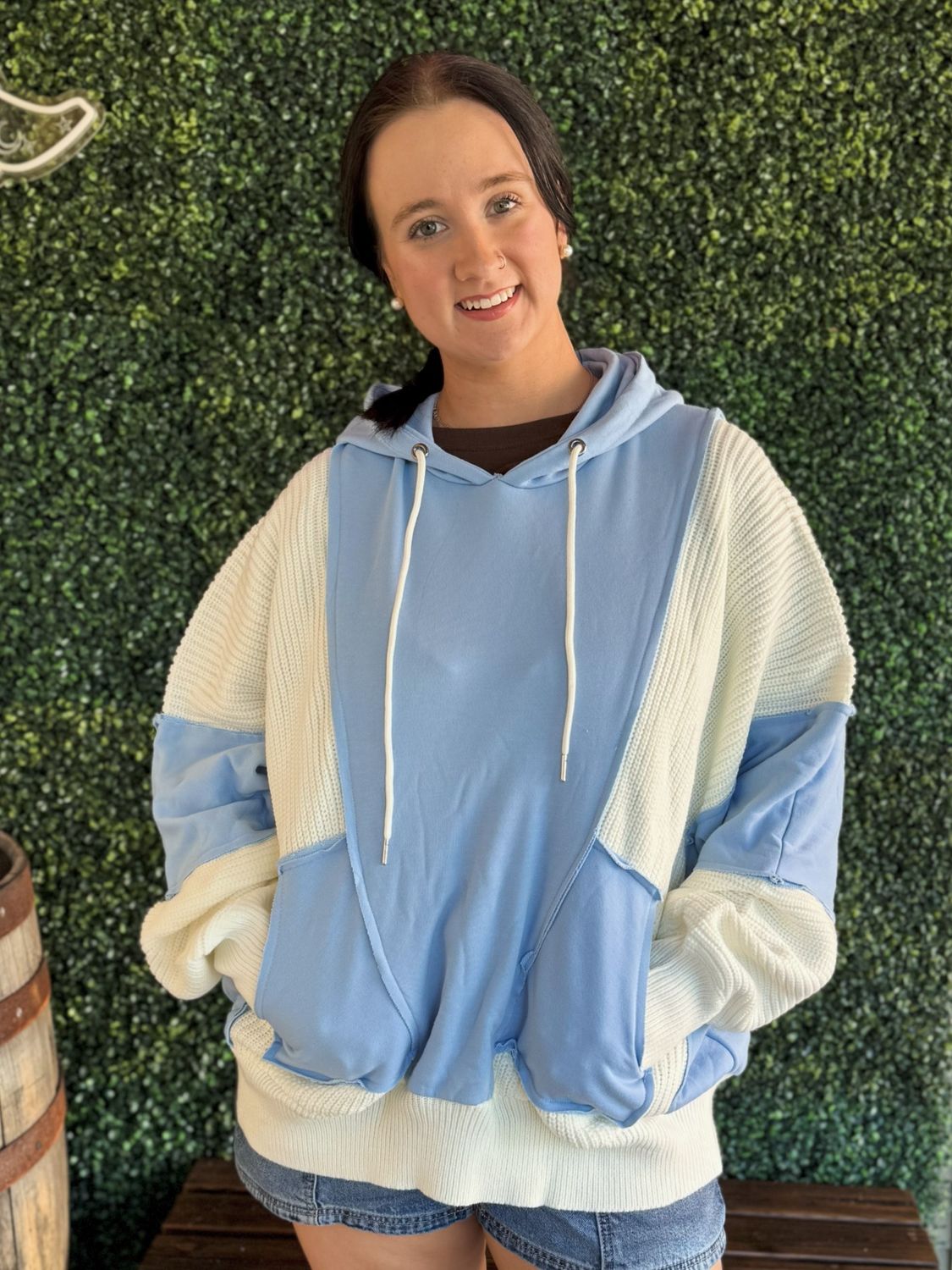 Two-Tone Color Block Casual Batwing Hoodie Top, Size: 1X/2X