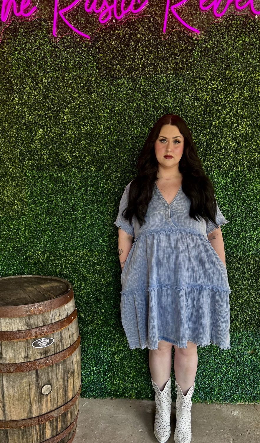 Washed Frayed Detail Tiered Dress, Color: Blue, Size: 1X