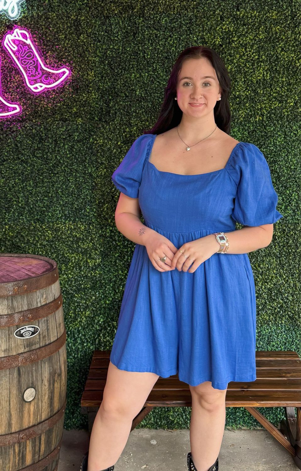 Square Neck Bubble Sleeve Linen Blended Romper, Size: 1X