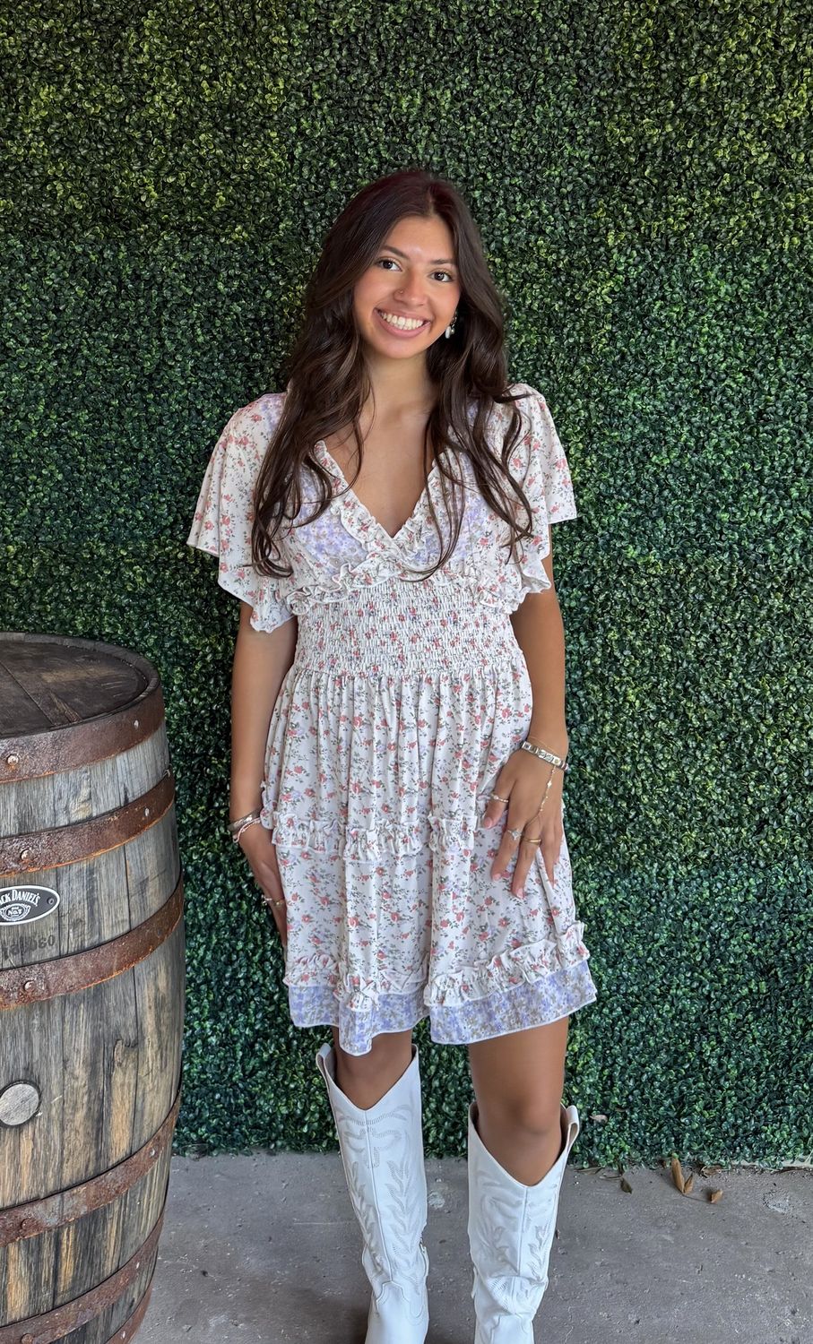 V Neck Short Sleeve Printed Woven Ruffle Dress, Color: Cream Multi, Size: Small