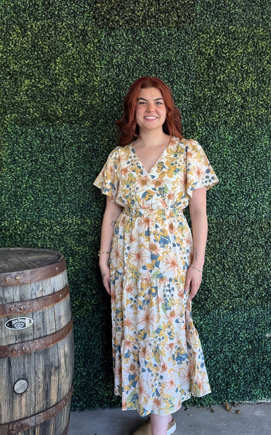 Flower Print Surplice V Neck Midi Dress, Size: Small